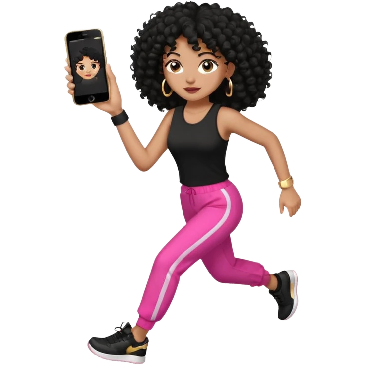 Black woman, adult, 4C black curly hair, dark brown eyes, wearing black top, pink pants, black sneakers, gold hoop earrings, iPhone emoji style na corrida  emoji