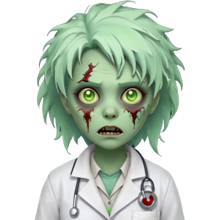 zombie scientist woman portrait, head and shoulders only, torn lab coat collar, pale green skin, stitched face details, glowing eerie eyes, messy hair, creepy but cute cartoon style, 3D cartoon, mobile game icon style, clean background, no text, no watermark
 emoji