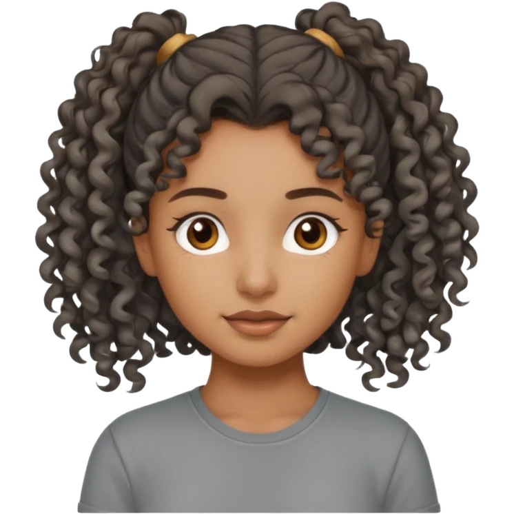 A girl Brown girl with a curly ponytail and has a Gray shirt and eyes are brown  emoji