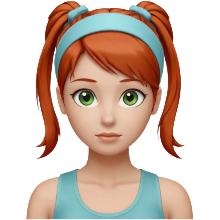 Emoji-style 3D female avatar with fair skin, large green eyes, soft makeup, and auburn-red hair tied in a high ponytail with a light blue hairband.
Wearing a light gray sleeveless tank top, centered front view, smooth realistic shading, clean lighting, isolated background, polished emoji realism. emoji