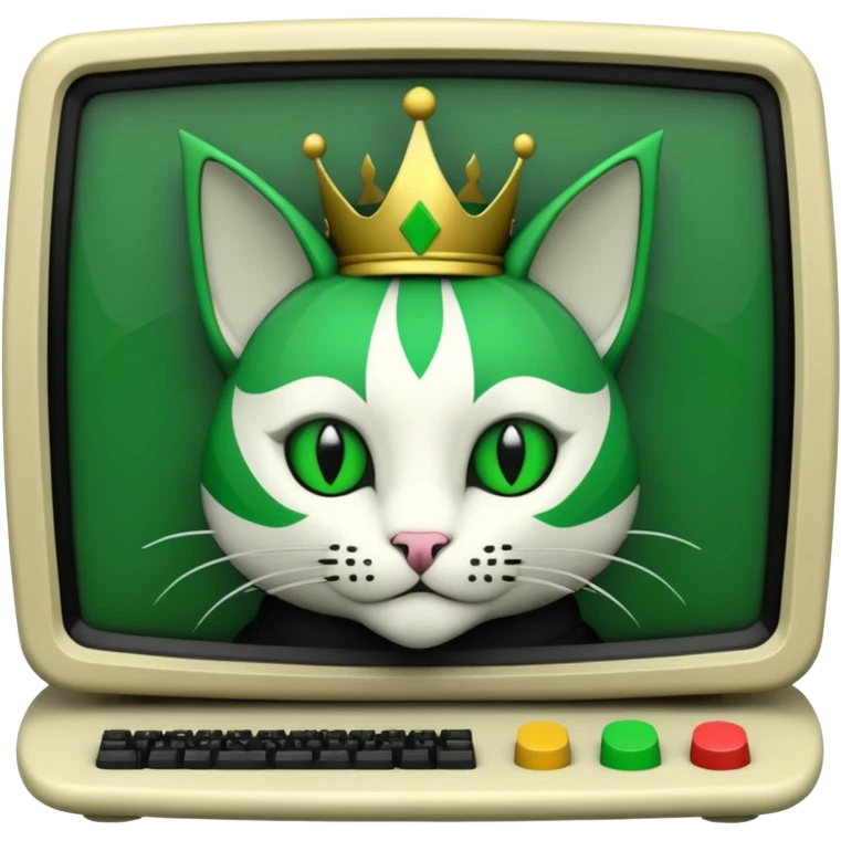 mac os icon code computer retro terminal, black, green white, fantasy court jester cat draw as ASCII GREEN code inside the terminal emoji
