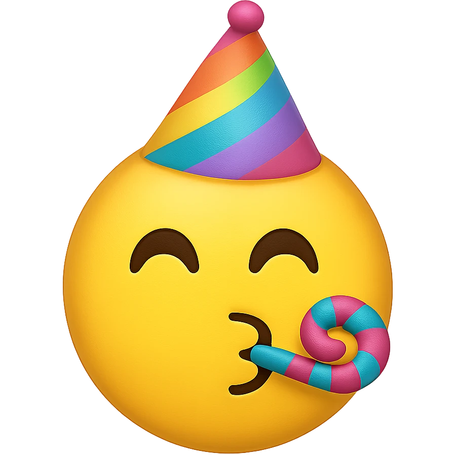 yellow face with rainbow party hat, digital illustration, emoji style, no background emoji