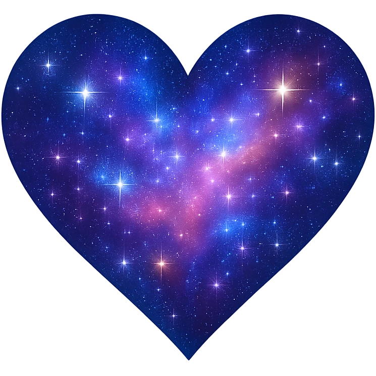 a heart with a vibrant galaxy pattern, bright stars, and a glowing aura emoji