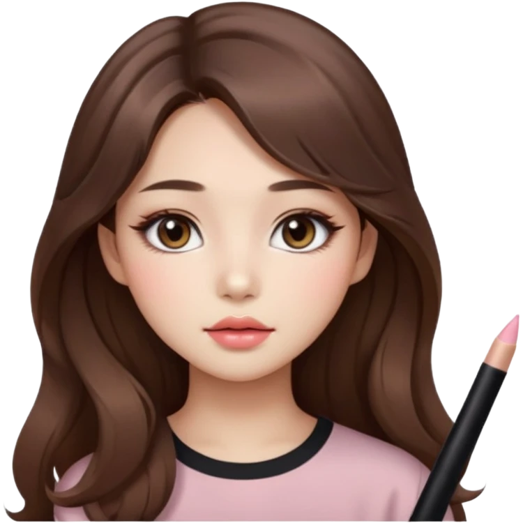 “korean straight brown hair Emoji girl, soft eyeliner and blush, gradient lips, light brown shimmer eyeshadow, long wavy hair,  emoji