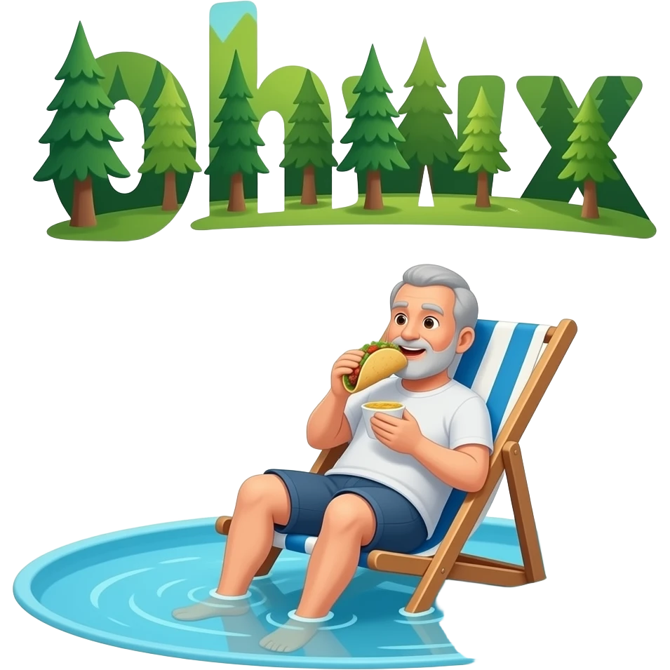 A dad eating a taco in a chair in the pool with a forest font emoji