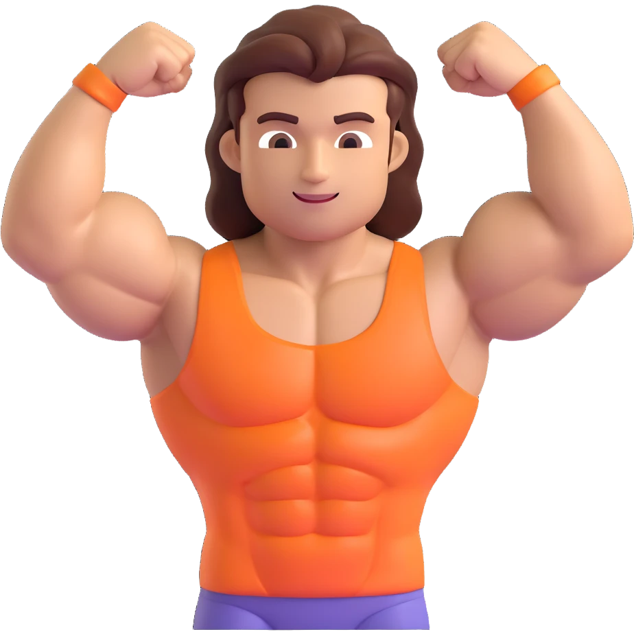 Make a man with hair flexing muscles emoji that looks exactly like the reference image, in iOS emoji style. 3D, shiny, smooth gradients, soft shadows, muscular body, expressive face, and hair. Add a glossy effect to the skin. emoji