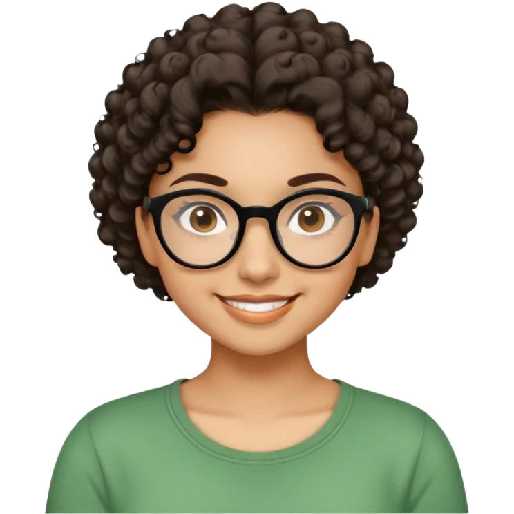 Young Latina woman with light brown skin. Round friendly face. Dark brown eyes with black-framed glasses. Thick arched eyebrows. Short voluminous curly hair. Big smile showing dimples. Wearing a green casual top. emoji