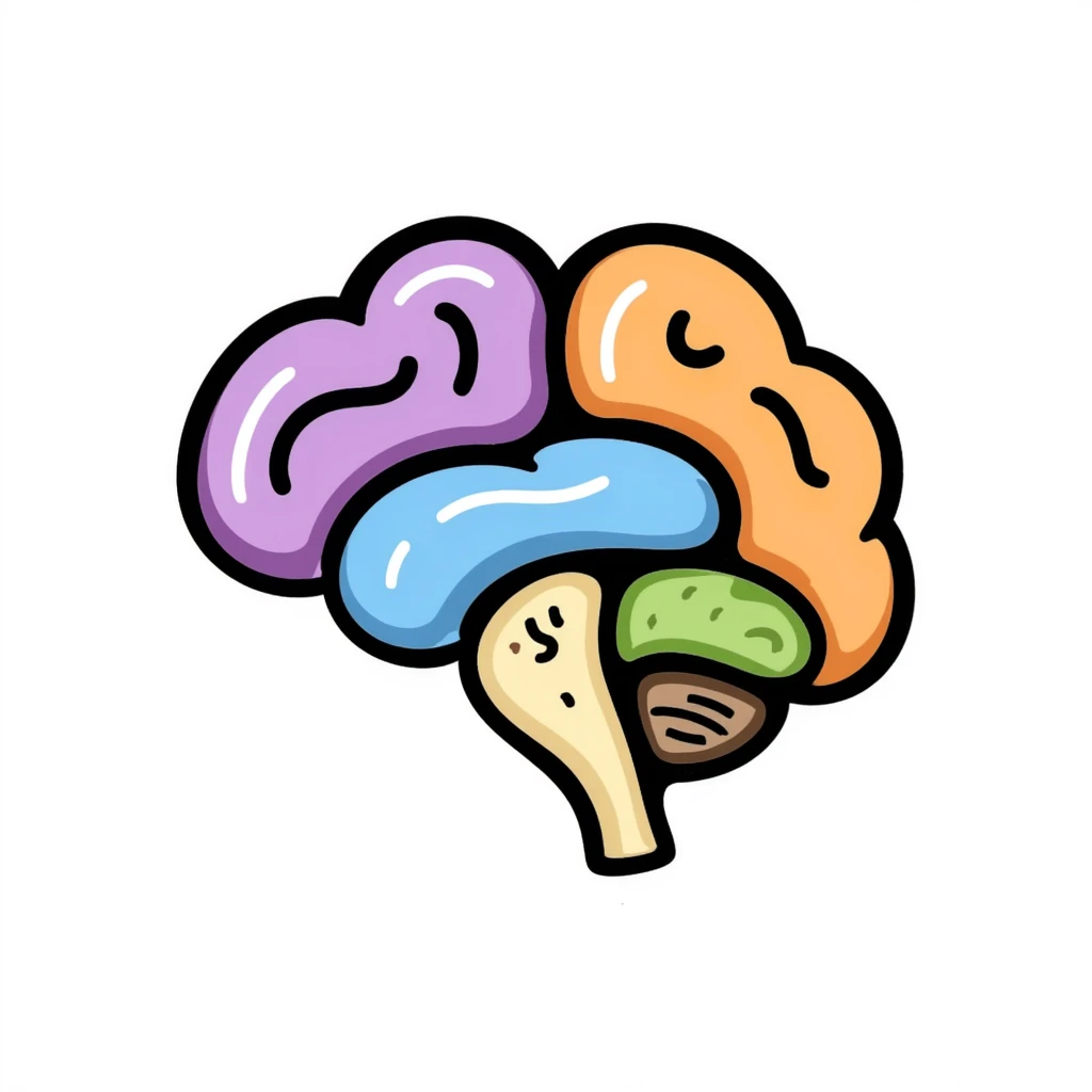 Hand-drawn anatomical brain cross-section showing different colored regions: purple cerebrum, orange cerebellum, blue brain stem, yellow thalamus, green hypothalamus. Detailed medical illustration with anatomical features clearly defined. emoji