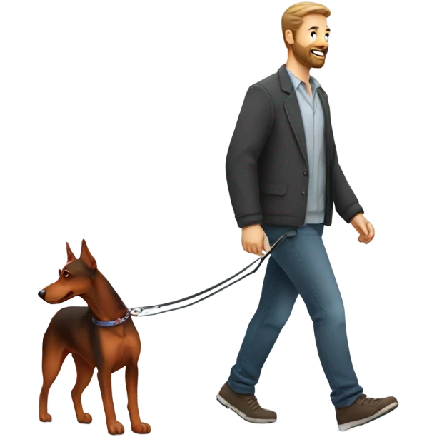 Man with beard walking a red Doberman dog on leash emoji