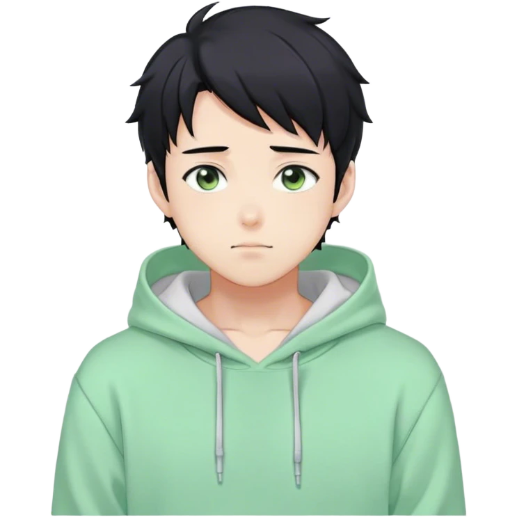 Gorgeous pastel green sweater black hair anime style shojo guy with blushing face and, hoodie, aesthetic, young adult, trending style, outside, vedal987 emoji