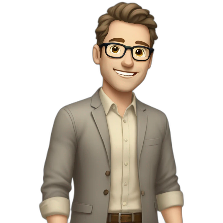 Joyful Pale skinned Fit Man With dark brown hair in gray jacket, beige office shirt, Brown pants and vintage glasses. His thrumbs up emoji