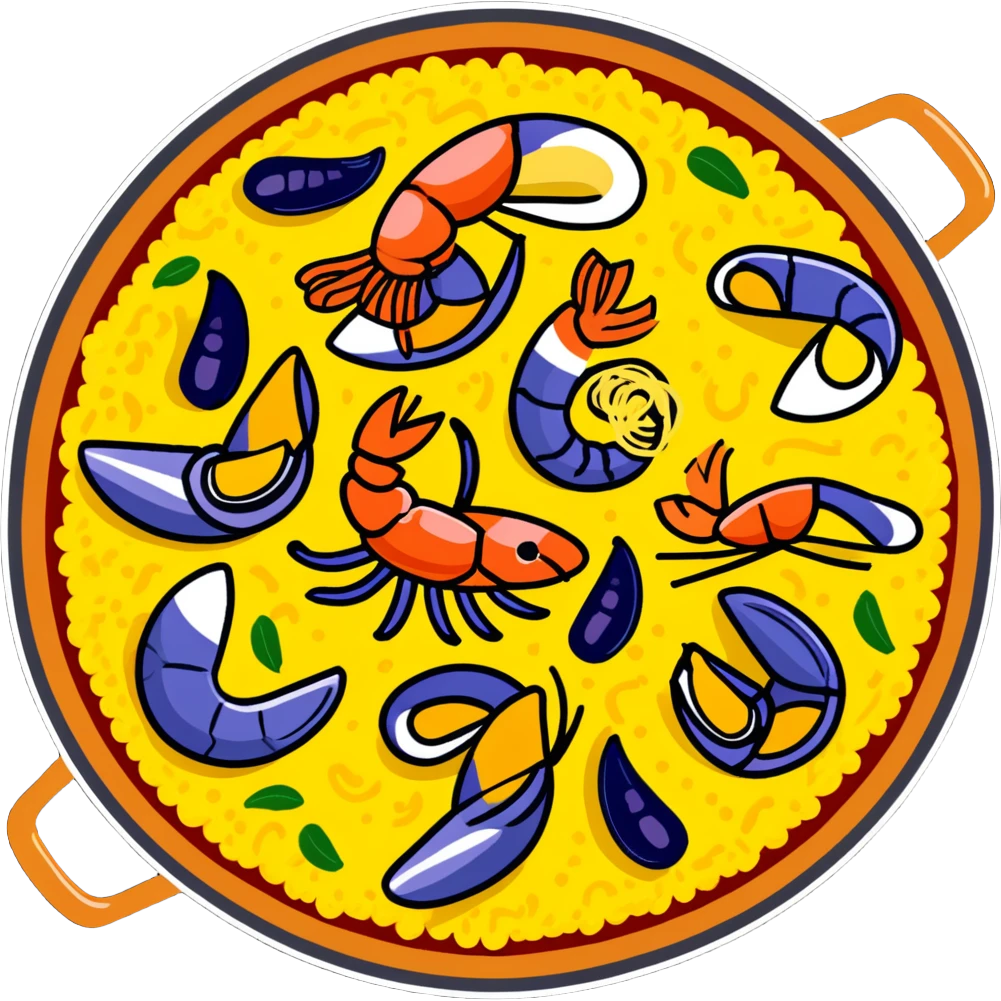 delicious seafood paella with prawns, mussels, and yellow rice in a traditional paella pan emoji