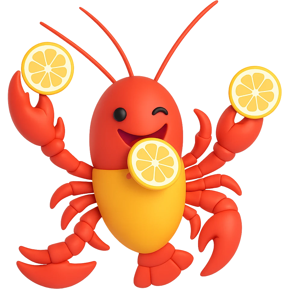 Make the playful lobster wink while holding a lemon in its mouth and twirling, with a transparent background. emoji