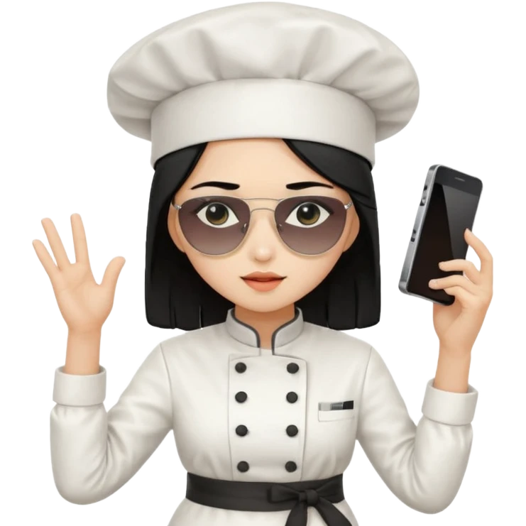 ["A sad woman with light skin, straight hair, wearing a chef hat and sunglasses, dressed in K-pop fashion, is dancing while holding a phone."] emoji