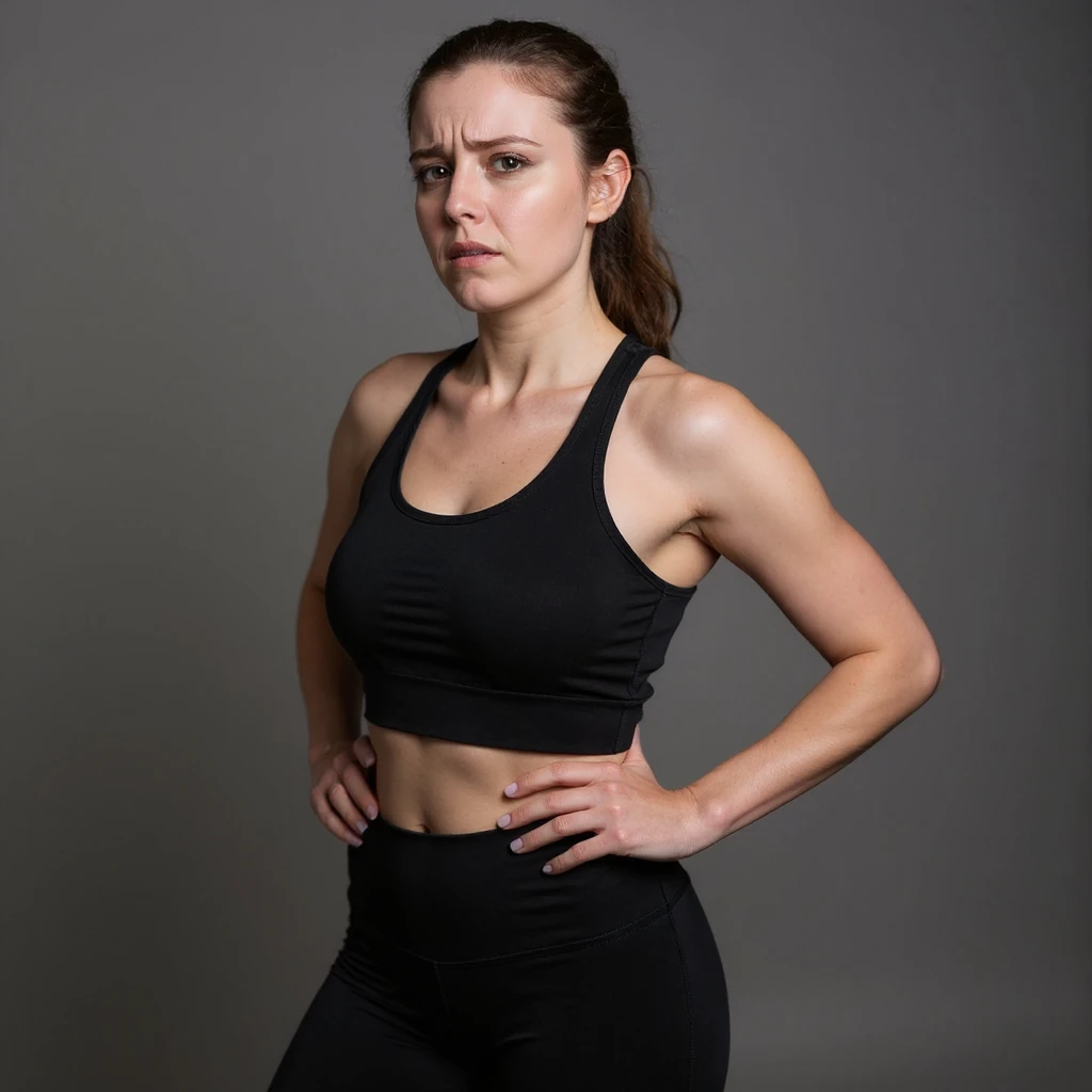 Realistic style woman in sportswear inspired by the reference photo, standing with one hand on her belly and the other on her back, showing an expression of annoyance, neutral background. emoji