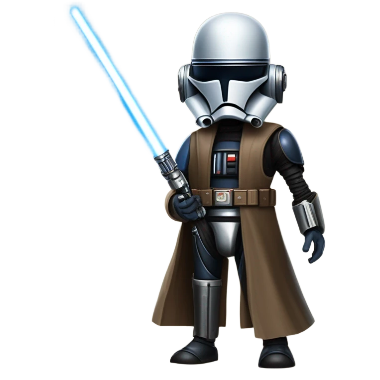 tough well-equipped jedi first order darkblue-pearl C3po as a friendly bounty hunter droid wearing a leather attire old west duster coat holding light saber ready  emoji