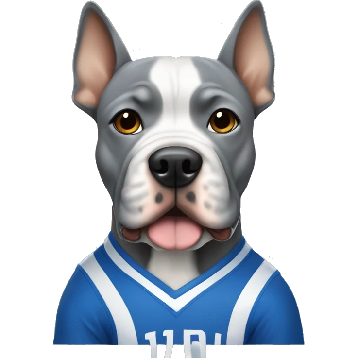 Gray Micro bully with pointy ears dog wearing a blue basketball jersey  emoji