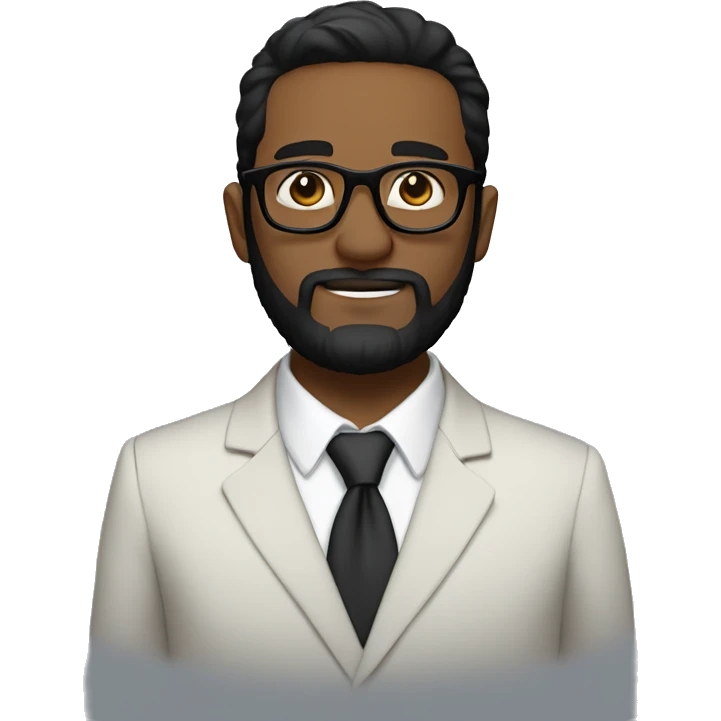 Short to long beard, very short hair, black hair, white skin, fully round glasses, suit emoji