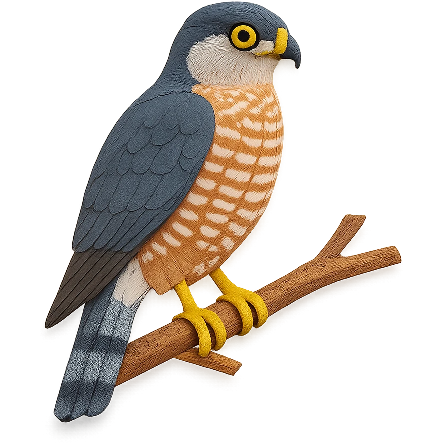 very detailed Cooper’s Hawk perched on a tree branch, intricate cut paper textures, slate gray back, reddish barring on chest, yellow eyes, realistic markings emoji