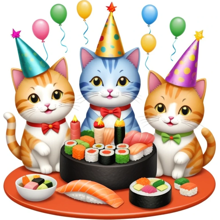 Cats celebrating with sushi at a birthday party emoji
