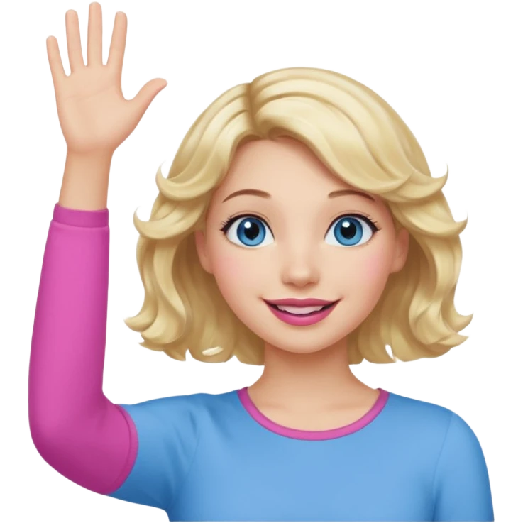 Girl Blonde short wavy hair,  blue eyes, cute blue top, long lashes, pink lips, smiling, hand in the air emoji