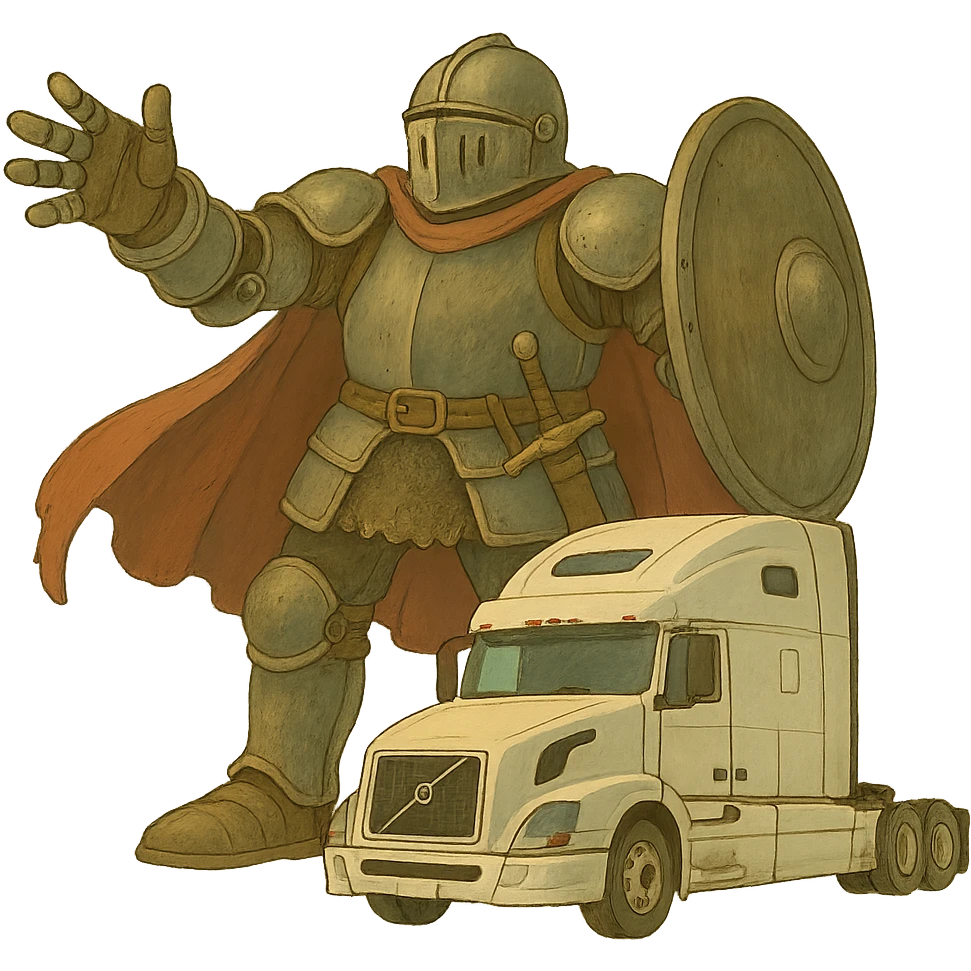 Make Casper the knight smaller, about the same size as the white semi truck, ghibli style, keep transparent background. emoji