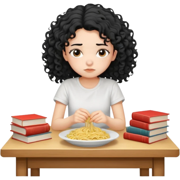 generate a pretty bratz fair skinned girl with curly black hair wearing a white tshirt sitting on a table with noodles and books. looking sleepy and tired and sad emoji