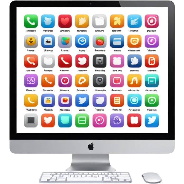 iMac screen displaying app icons in grid emoji