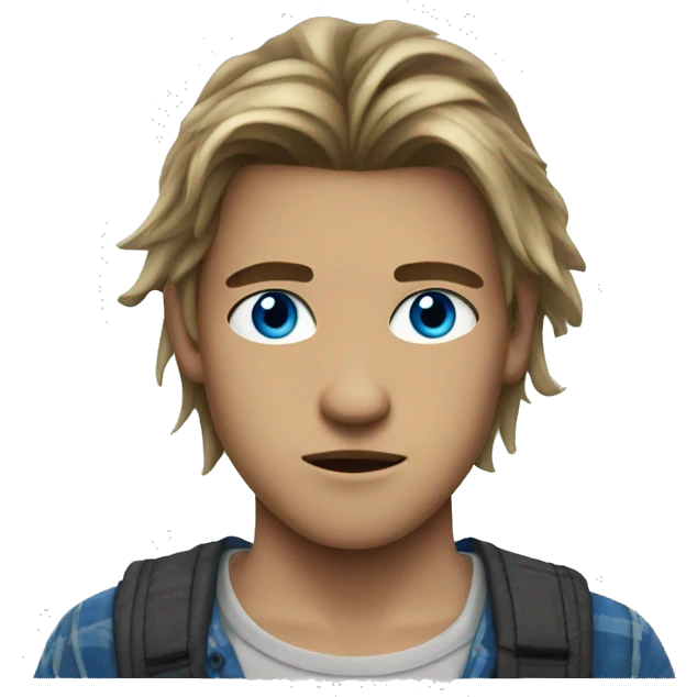 Blue eyed teenage man with a middle split long hair wearing a grunge shirt  emoji
