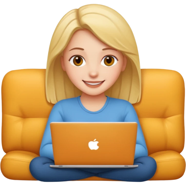 A girl is working with a laptop while lying on the sofa emoji