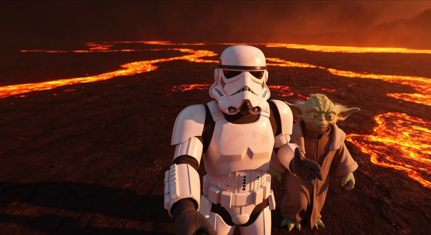 Cinematic still, selfie camera, Starwars stormtroopers vlogging , he is walking on lava planet with yoda emoji