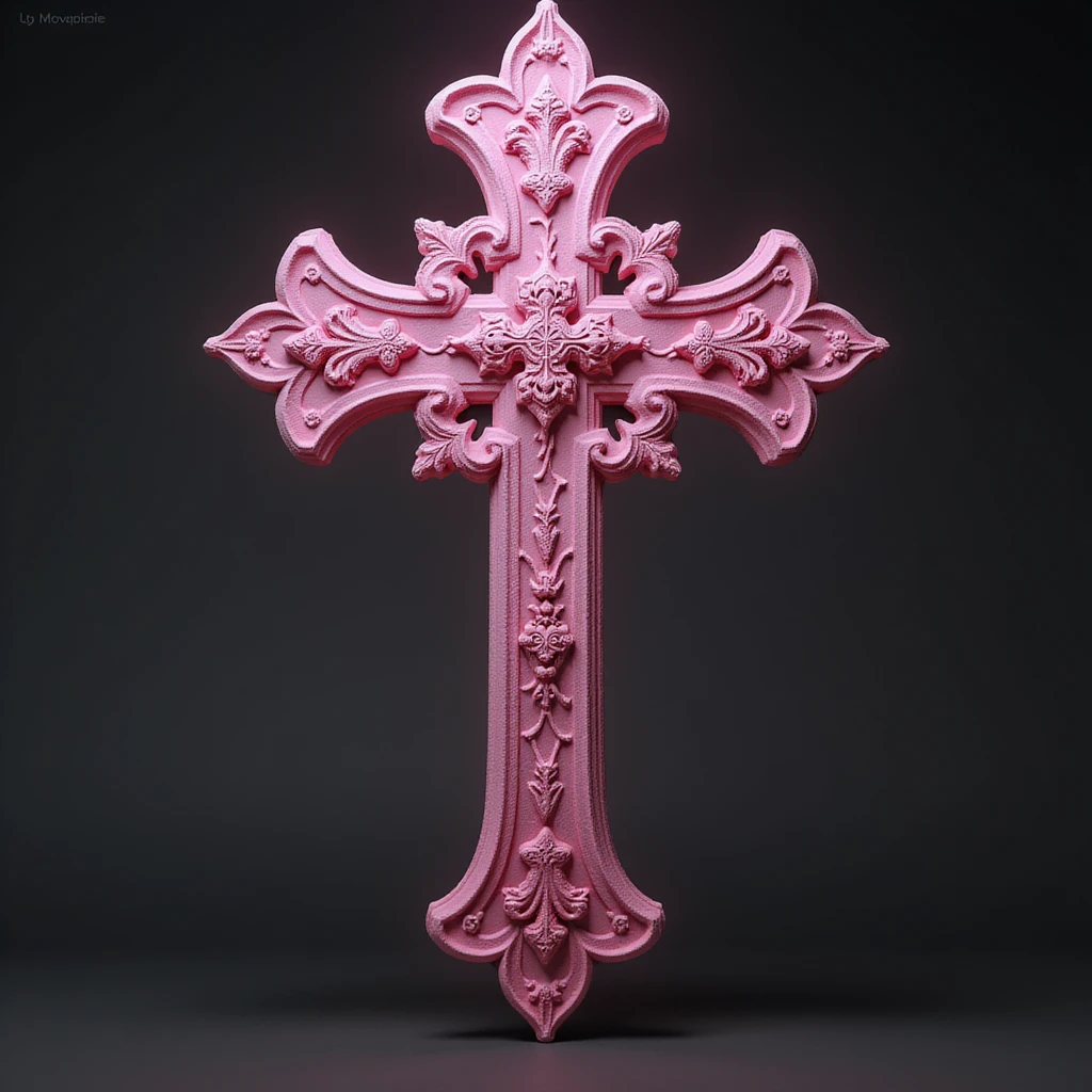 realistic gothic cross, pink with a gothic chandelier, photorealistic style emoji