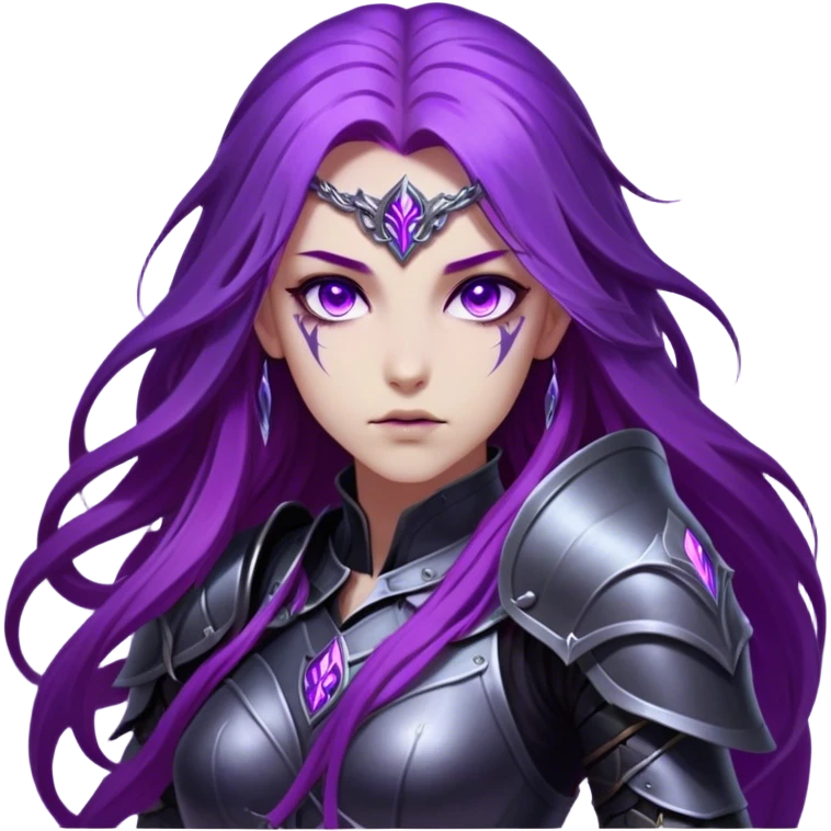A mysterious warrior girl with long, flowing purple hair catching the dim light. Her glowing violet eyes stare forward, unwavering. She wears sleek black armor, adorned with silver runes that pulse faintly with hidden power. A dark mist swirls at her feet, hinting at the energy she commands. emoji