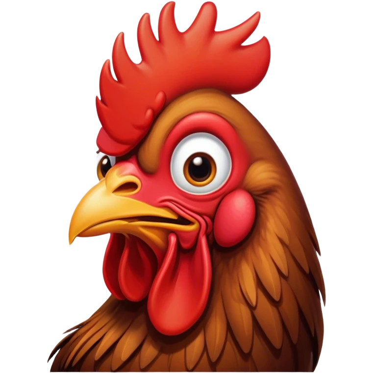 Cinematic Comical Brown Rooster Portrait Emoji, Head tilted dramatically with an exaggeratedly amused expression, featuring a striking, glossy brown plumage with a bold red comb, wide, expressive warm eyes filled with playful disbelief, Simplified yet hilariously expressive features, highly detailed, glowing with a slightly sassy glow, high shine, dramatic yet playful, stylized with an air of cheeky mischief, bright and endearing, soft glowing outline, capturing the essence of a spirited and over-the-top rooster, so meme-worthy it feels like it could crow its way into internet fame instantly! emoji