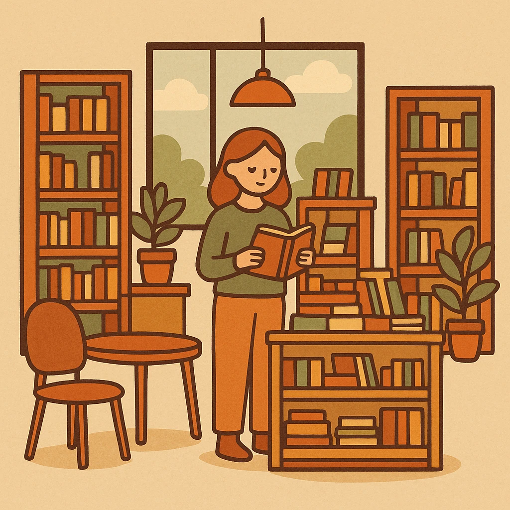 modern bookstore with sleek design, geometric shapes, organized book displays, modern furniture, bright and airy emoji