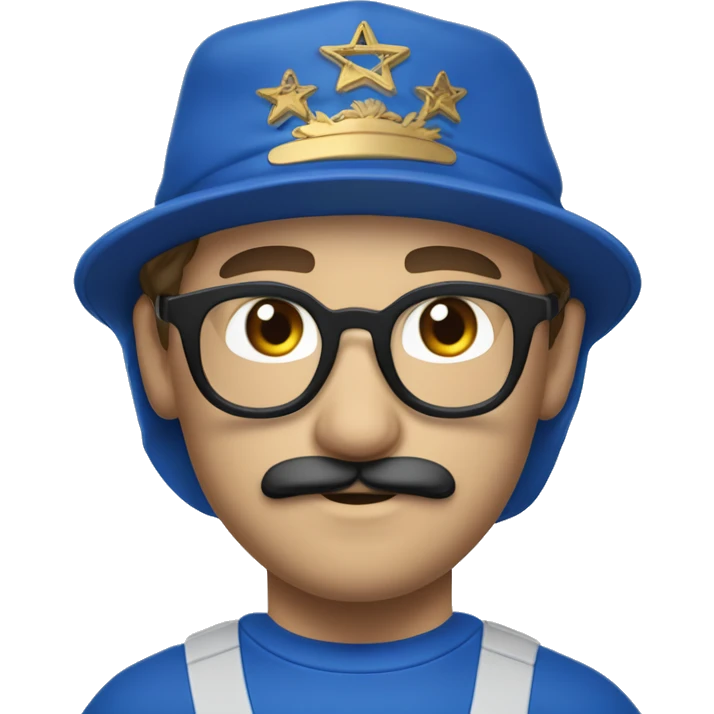 Homme européen yeux bleus avec une moustache portant des lunettes bleues  une casquette jordan bleu un survêtement bleu emoji