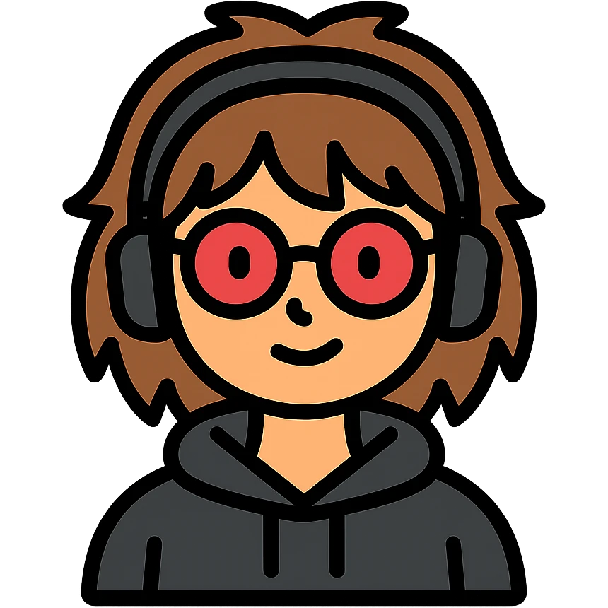 tan brunette girl with a short wolf haircut, round ruby glasses, black headphones, and a black hoodie emoji