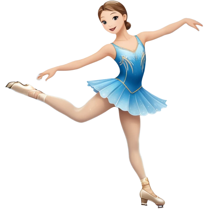 An icon showing a graceful figure skater mid-spin on a sparkling ice rink, wearing an elegant costume. The background features festive arena lights, snowflakes, and cheering spectators. Transparent background captures the beauty, artistry, and elegance of figure skating. emoji
