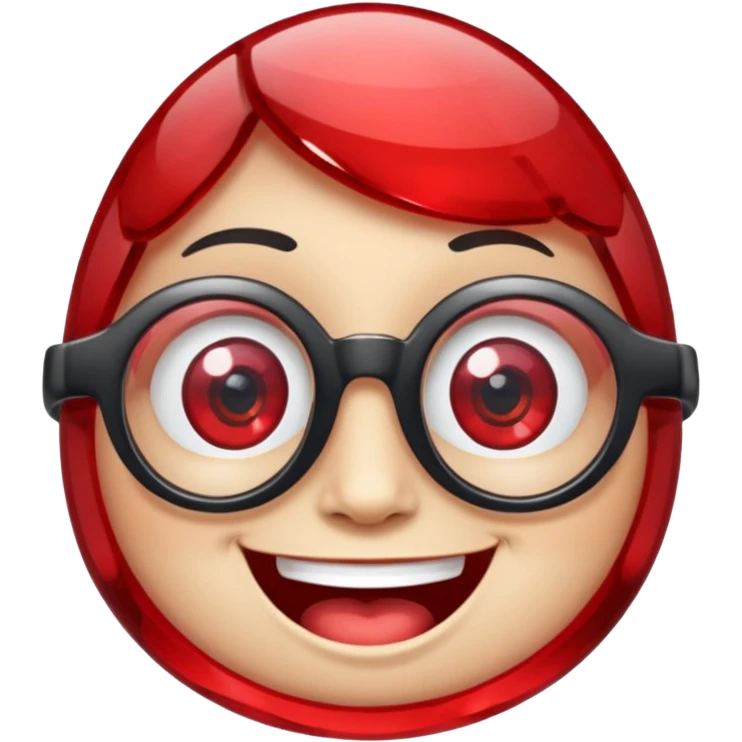 A single crystal gemstone character wearing glasses, chunky and irregular with faceted sides, [red], big glossy eyes behind the glasses and a wide happy smile, , high detail, soft lighting, centered on a plain dark background emoji