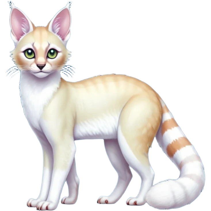 Colorful tropical pearly-albino-white iridescent glorious divine exotic cute cool beautiful shiny beautiful fantasy-caracal-civet-genet-sergal-vernid-Cacomistle-oncilla-animal-Fakémon-hybrid-fursona with tufted ears (full body) emoji