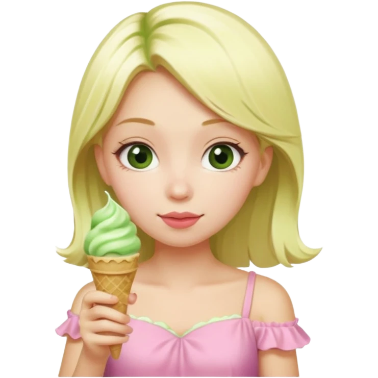 girl blonde long hair in pink dress,  eating matcha ice cream emoji
