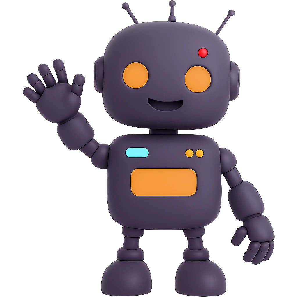 Make the cartoon, pretty, smiling robot wave. The original style is 3D emoji style with a shiny, fluent, plastic look. Keep the 3D emoji style look while making the robot wave and remove the background. emoji