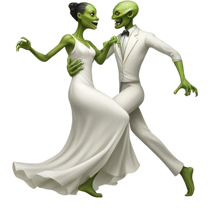  a Reptilian alien woman, in white dress, dance with a man emoji