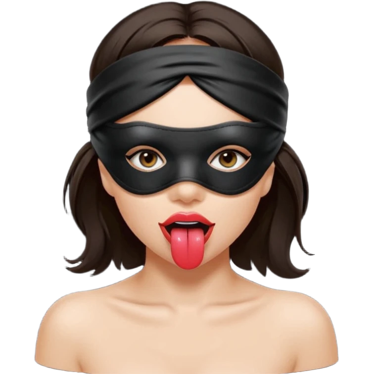 woman with dark brown hair wearing black blind fold completely covering her eyes. tongue out and saliva coming from mouth emoji
