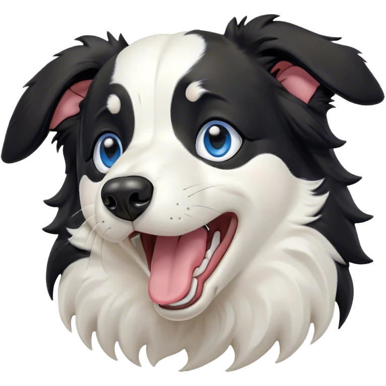 Cinematic Cute Yawning Border Collie Portrait Emoji, Head tilted slightly with a dramatic, wide-open yawn, showcasing a smooth black and white coat, floppy ears slightly drooping, round blue eyes barely open in drowsy contentment, Simplified yet irresistibly adorable features, highly detailed, glowing with a soft, cozy glow, high shine, relaxed yet alert, stylized with a touch of whimsy, bright and endearing, soft glowing outline, capturing the essence of a sleepy yet spirited herder, so drowsy it feels like it could stretch right out of the screen and curl up for a nap! emoji