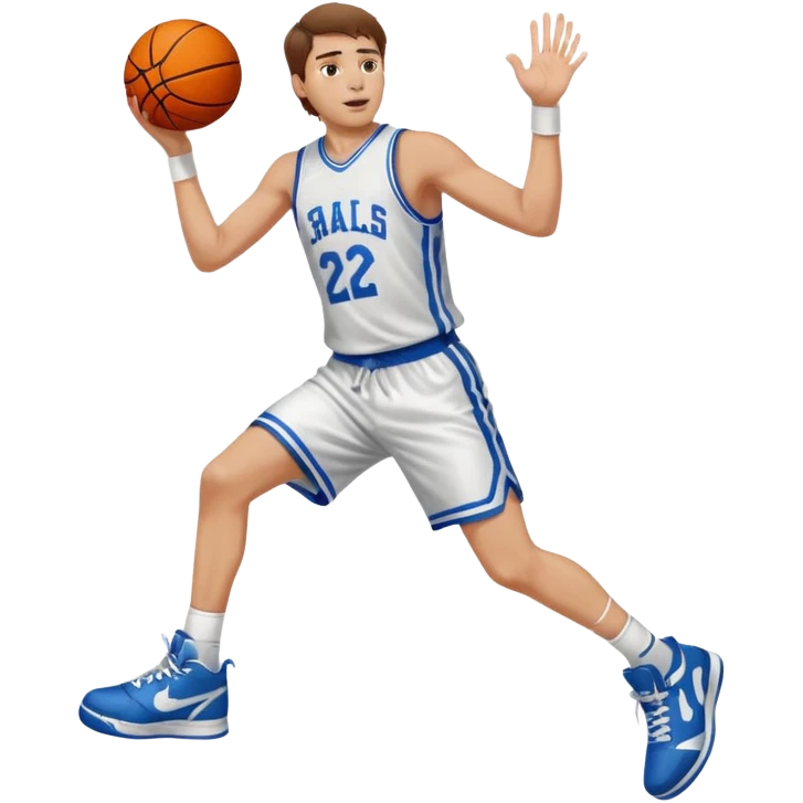 A white man with brown hair with a basketball, doing a layup emoji