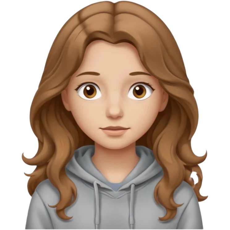 Girl with long and light brown hair and wear hoody and her hai is somethig betwwen curly and stright and her eyes is same color with her hair her skin is white emoji