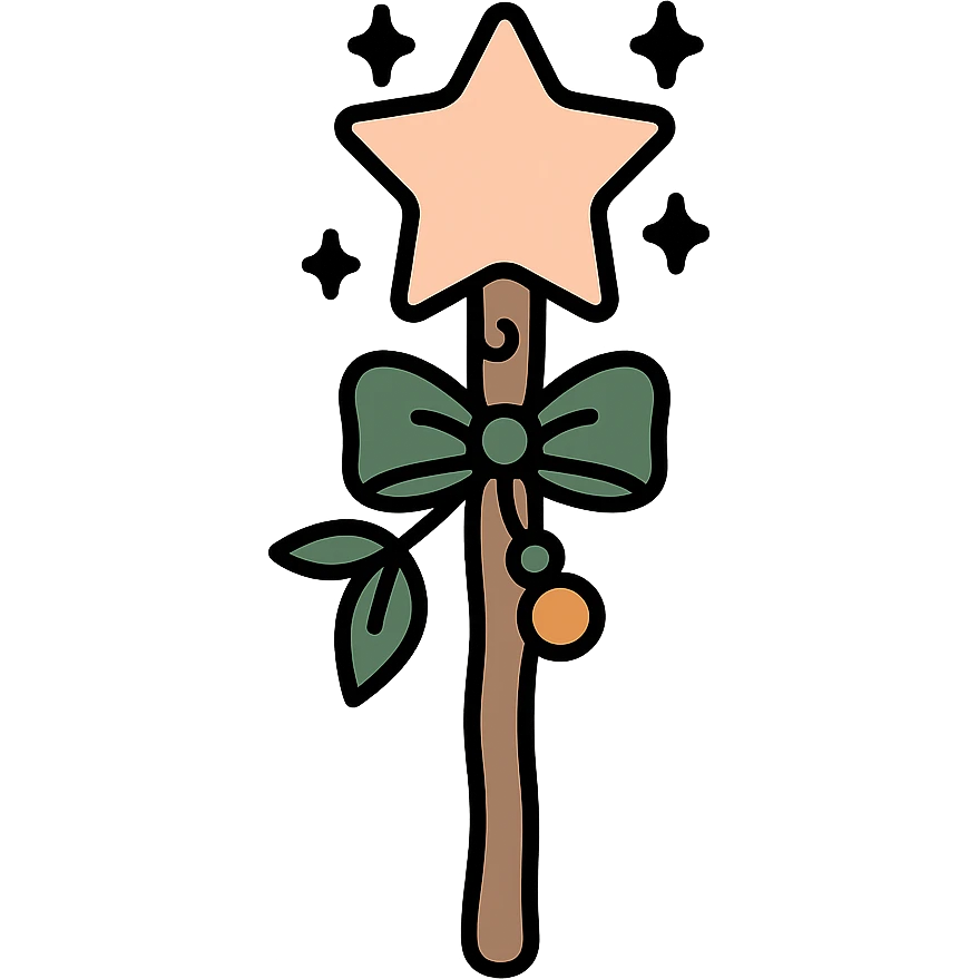 A cute and magical wand with an elegant, whimsical design, incorporating a color palette of golden orange (FA9B41), forest green (4A7C5C), soft taupe brown (96775A), and pastel peach (FFCC9A). The wand is slender and slightly curved, made of smooth wood with delicate carvings. At the top, there's a glowing gem or star in peachy tones, surrounded by tiny sparkles. Decorative elements like a ribbon, tiny leaves, or a small charm add a cozy, storybook-like charm. The overall look is gentle, enchanting, and magical, perfect for a forest fairy or a kindhearted young wizard. emoji