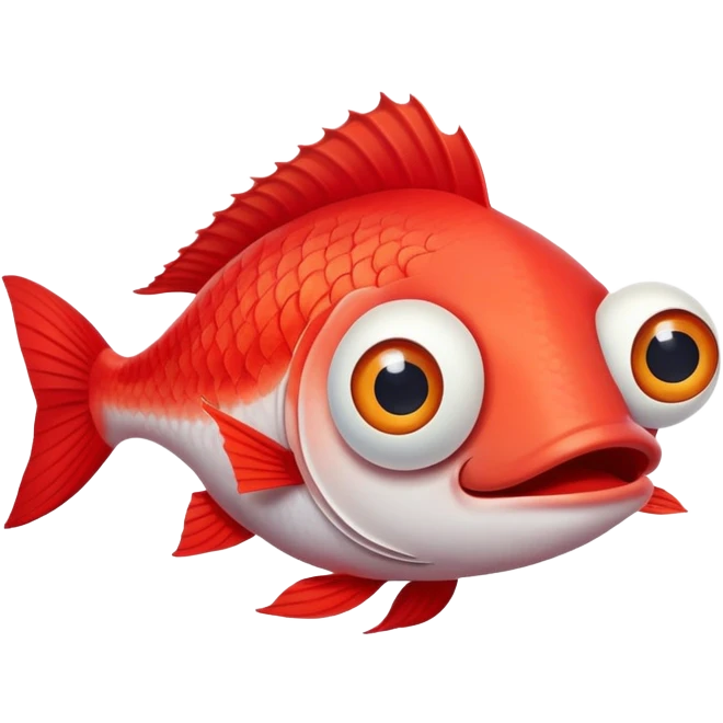extremely derpy red fish with bulging eye and goofy buck teeth, perfect flat side profile facing right, exactly 90 degrees, completely 2D like a paper cutout, only one eye visible, absolute side view emoji