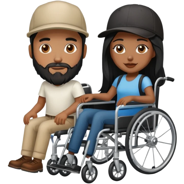 Beige skin man with a beard and cap in a wheelchair and a dark brown skin woman with long black hair in a wheelchair  emoji